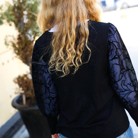 New Black Floral Mesh Bubble Sleeve Top - 1X, 2, & 3X - Picture 5 of 8